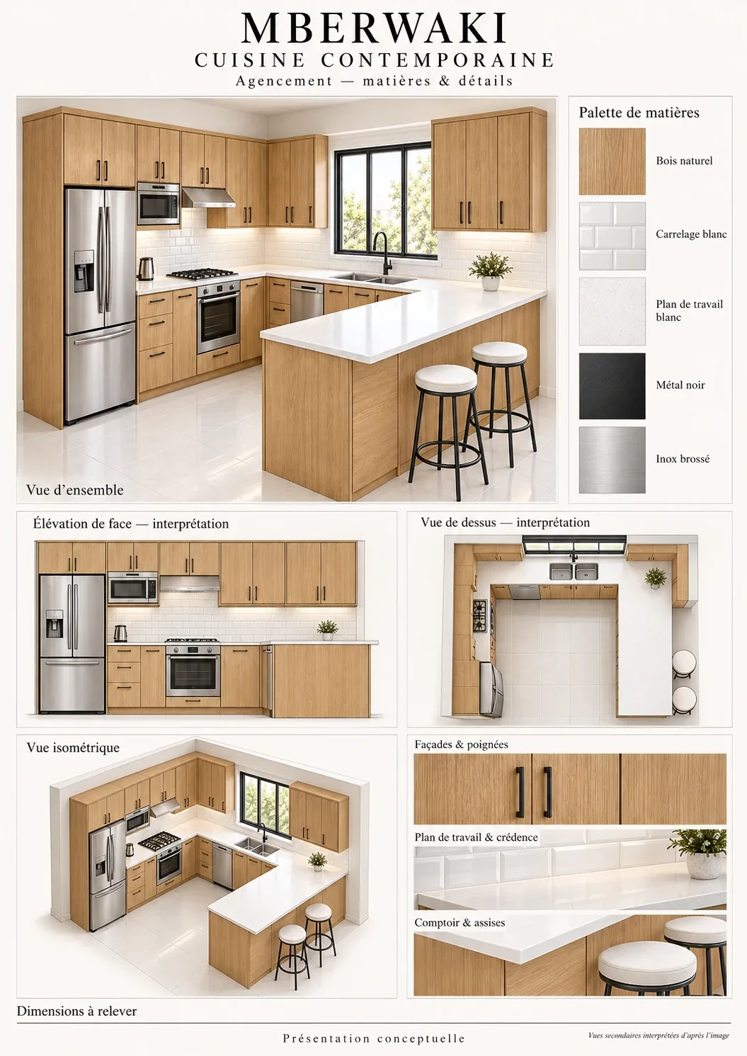 لوحة تصميم مطبخ تحتوي على منظر ومواد ومخططات